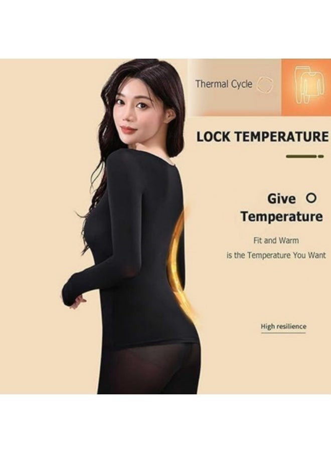 GGEROU - Women Thick Thermal Underwear Set, Ladies Self-heating Long Johns Thermal Set, Premium Soft Hyaluronic Acid Water-locking Base Layer Tops & Bottoms Black - Image 1
