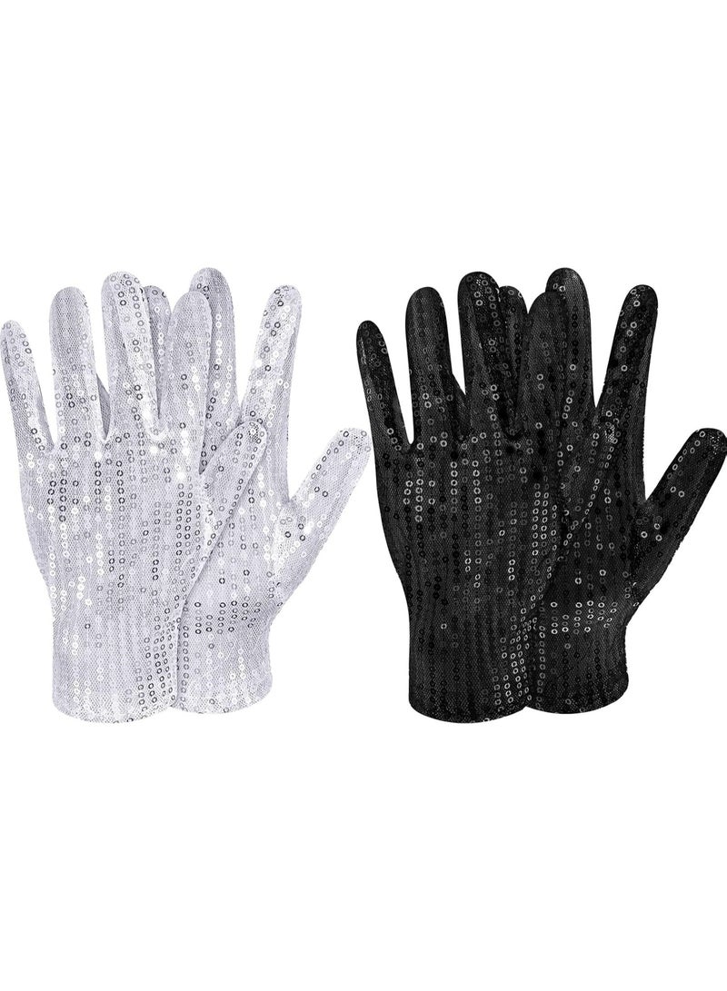 2 Pairs Sequin Glove, Sequins Short Gloves Dance Gloves Black Silver Glitter Gloves for Party Dance Dressing Accessory - Image 1