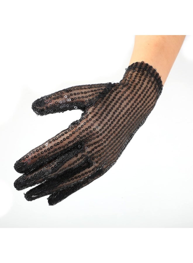 2 Pairs Sequin Glove, Sequins Short Gloves Dance Gloves Black Silver Glitter Gloves for Party Dance Dressing Accessory - Image 4