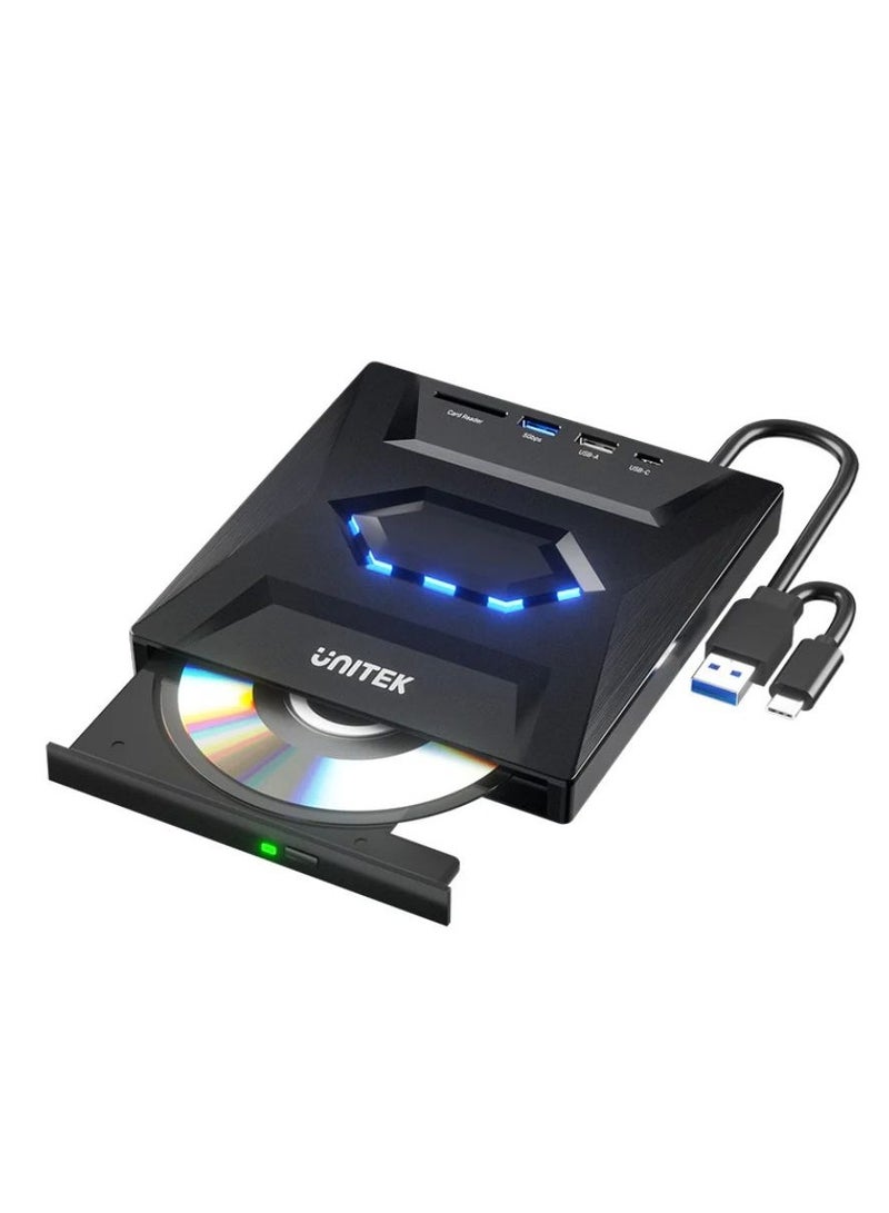 UNITEK محرك أقراص بصري خارجي UNITEK 5 في 1 مع محور USB متعدد الوظائف - ناسخ أقراص مضغوطة / أقراص DVD محمول، اتصال USB 3.0، ونقل بيانات عالي السرعة لأجهزة الكمبيوتر المحمولة والمكتبية - Image 1