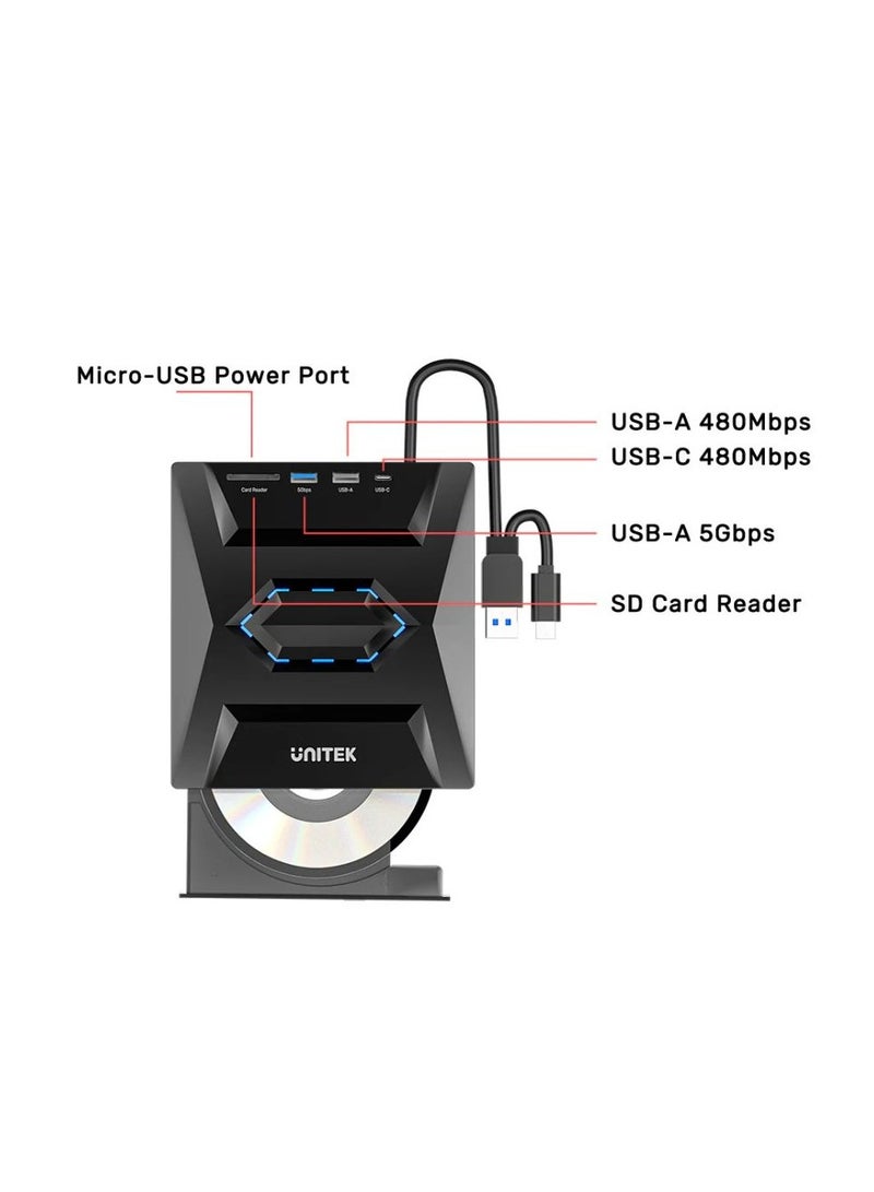 UNITEK محرك أقراص بصري خارجي UNITEK 5 في 1 مع محور USB متعدد الوظائف - ناسخ أقراص مضغوطة / أقراص DVD محمول، اتصال USB 3.0، ونقل بيانات عالي السرعة لأجهزة الكمبيوتر المحمولة والمكتبية - Image 2