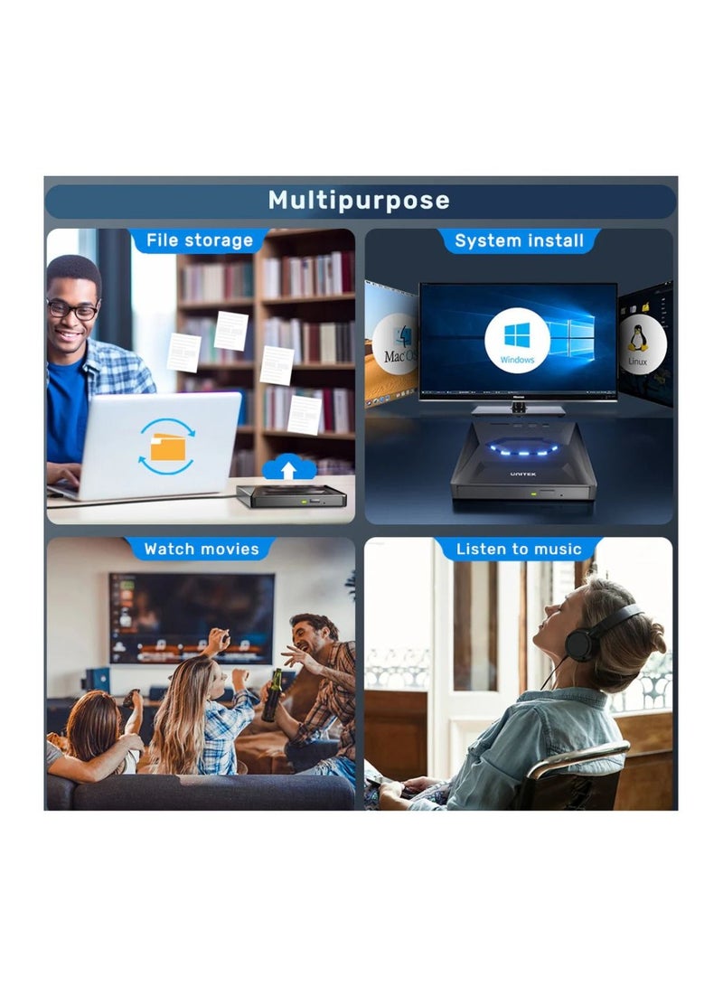 UNITEK محرك أقراص بصري خارجي UNITEK 5 في 1 مع محور USB متعدد الوظائف - ناسخ أقراص مضغوطة / أقراص DVD محمول، اتصال USB 3.0، ونقل بيانات عالي السرعة لأجهزة الكمبيوتر المحمولة والمكتبية - Image 5