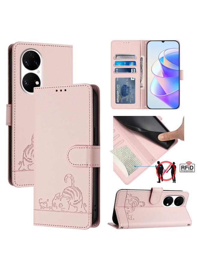 S-TOP Case For Huawei P50 Pro Cat Rat Embossed Pattern RFID Leather Phone Case with Lanyard - Image 1