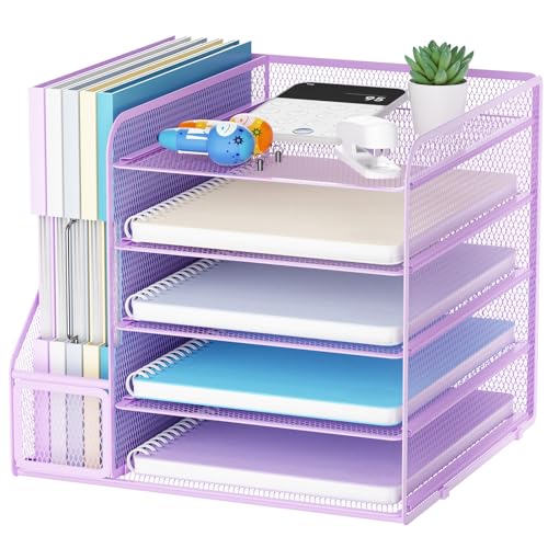 Marbrasse Desk Organizers and Accessories 5Tier Paper Letter Tray Organizer with File Holder Mesh File Organizer Office Desk Accessories Organization for Supplies Purple - Image 1