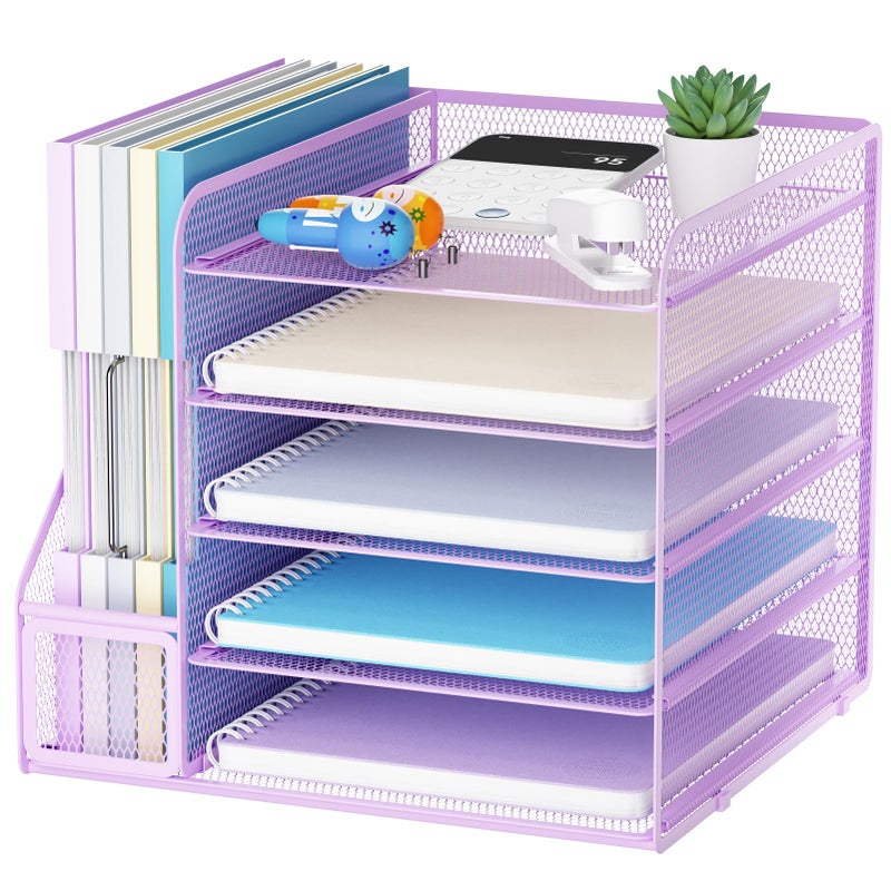 Marbrasse Desk Organizers and Accessories 5Tier Paper Letter Tray Organizer with File Holder Mesh File Organizer Office Desk Accessories Organization for Supplies Purple - Image 2