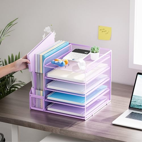 Marbrasse Desk Organizers and Accessories 5Tier Paper Letter Tray Organizer with File Holder Mesh File Organizer Office Desk Accessories Organization for Supplies Purple - Image 3