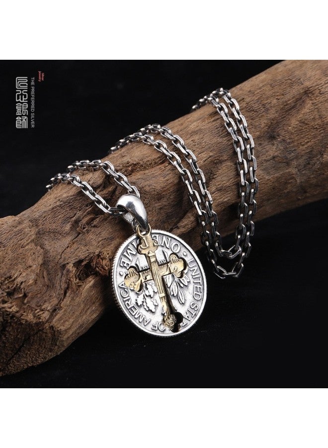 Punk S925 Sterling Silver Retro Double-Sided Cross Pendant Personalized European And American Coin Necklace Men's Trendy Necklace Wholesale-Color:Single Pendant-925 Silver - Image 4