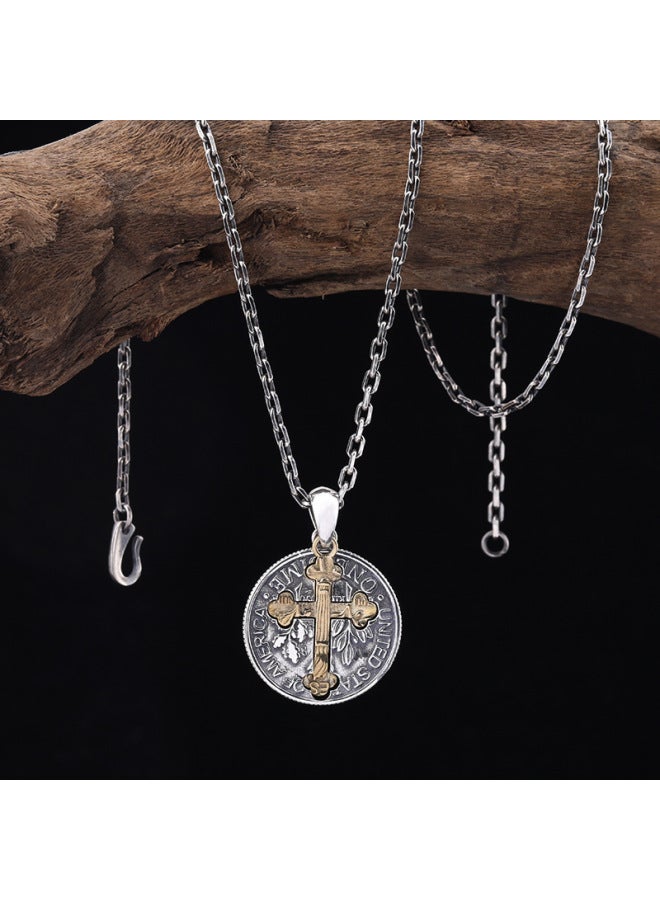 Punk S925 Sterling Silver Retro Double-Sided Cross Pendant Personalized European And American Coin Necklace Men's Trendy Necklace Wholesale-Color:Single Pendant-925 Silver - Image 1