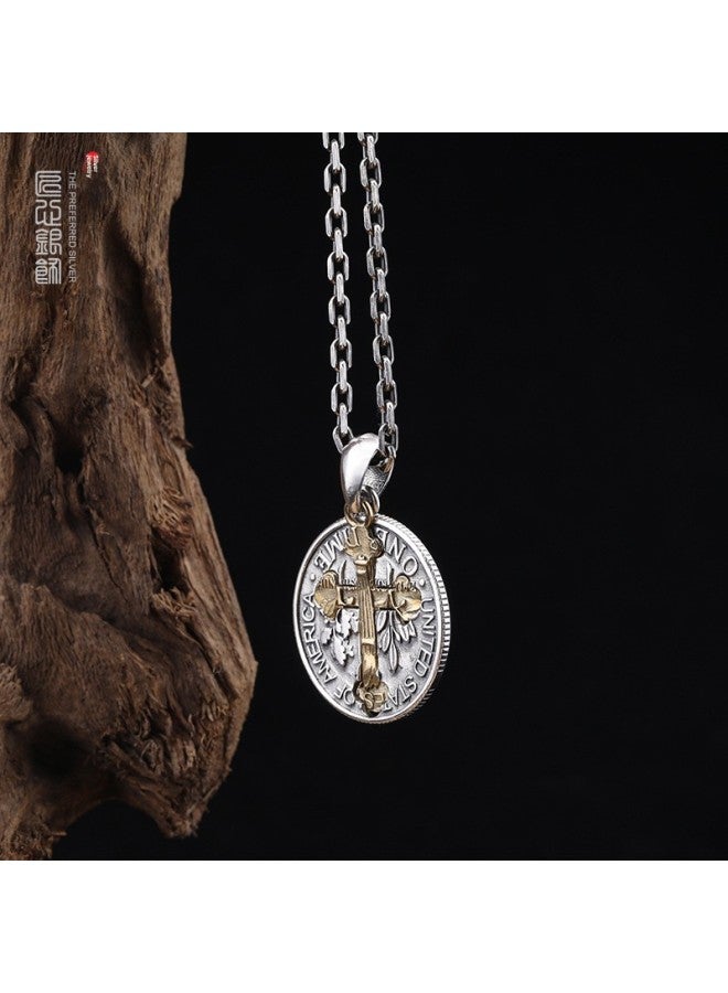 Punk S925 Sterling Silver Retro Double-Sided Cross Pendant Personalized European And American Coin Necklace Men's Trendy Necklace Wholesale-Color:Single Pendant-925 Silver - Image 3
