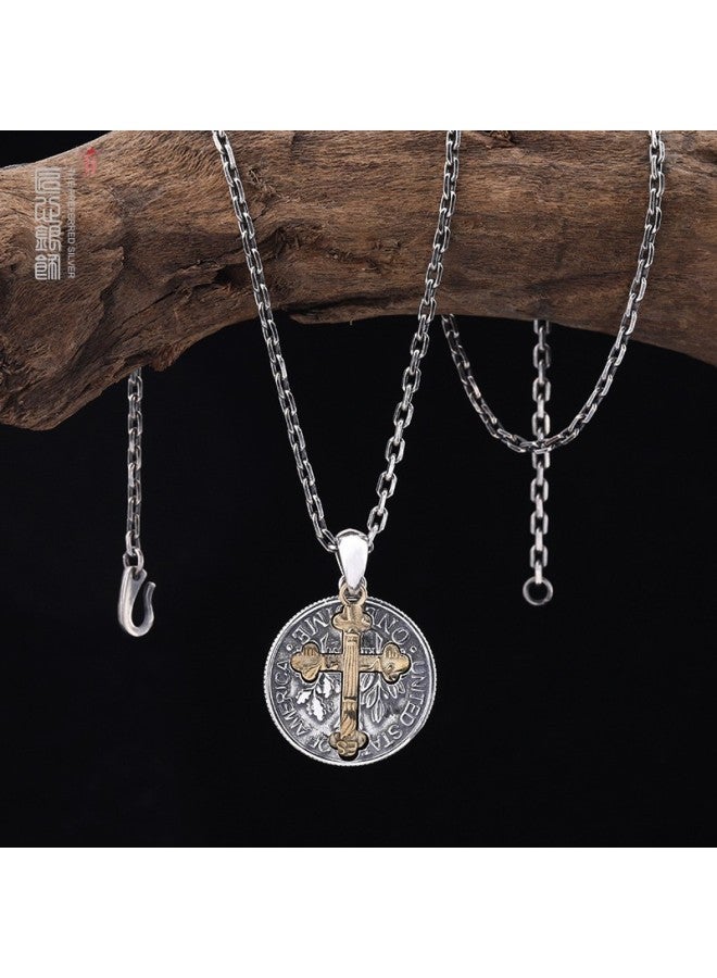 Punk S925 Sterling Silver Retro Double-Sided Cross Pendant Personalized European And American Coin Necklace Men's Trendy Necklace Wholesale-Color:Single Pendant-925 Silver - Image 2