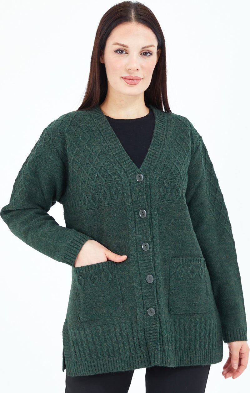 Stilmony Women Khaki Green Buttoned Wool Mother Knitwear Short Cardigan - Image 1