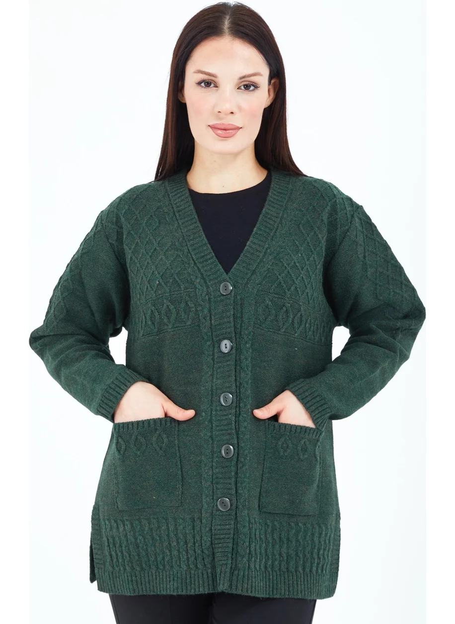 Stilmony Women Khaki Green Buttoned Wool Mother Knitwear Short Cardigan