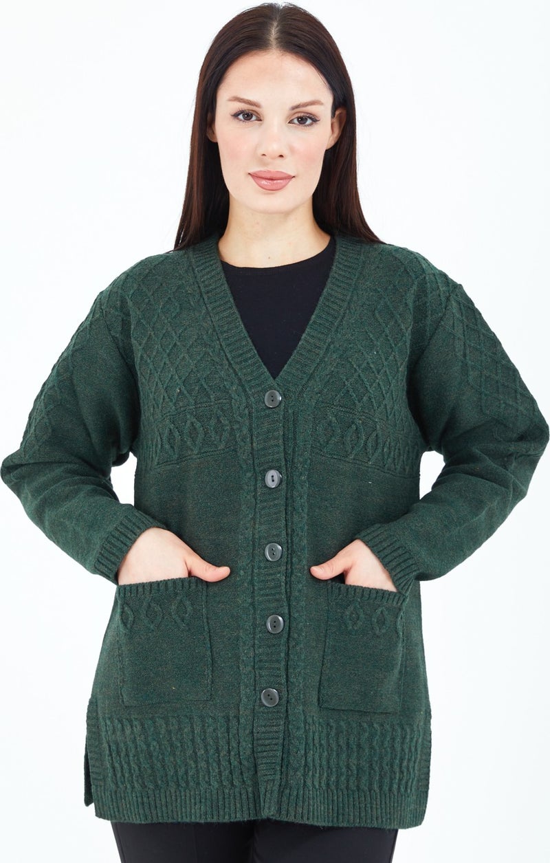 Stilmony Women Khaki Green Buttoned Wool Mother Knitwear Short Cardigan - Image 2