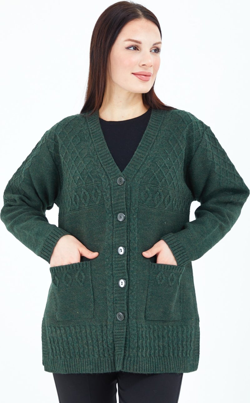 Stilmony Women Khaki Green Buttoned Wool Mother Knitwear Short Cardigan - Image 4