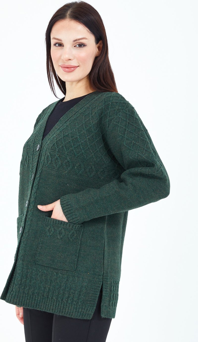 Stilmony Women Khaki Green Buttoned Wool Mother Knitwear Short Cardigan - Image 3