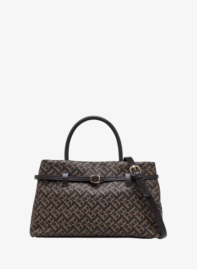 Monogram Print Tote Bag with Detachable Strap and Zip Closure