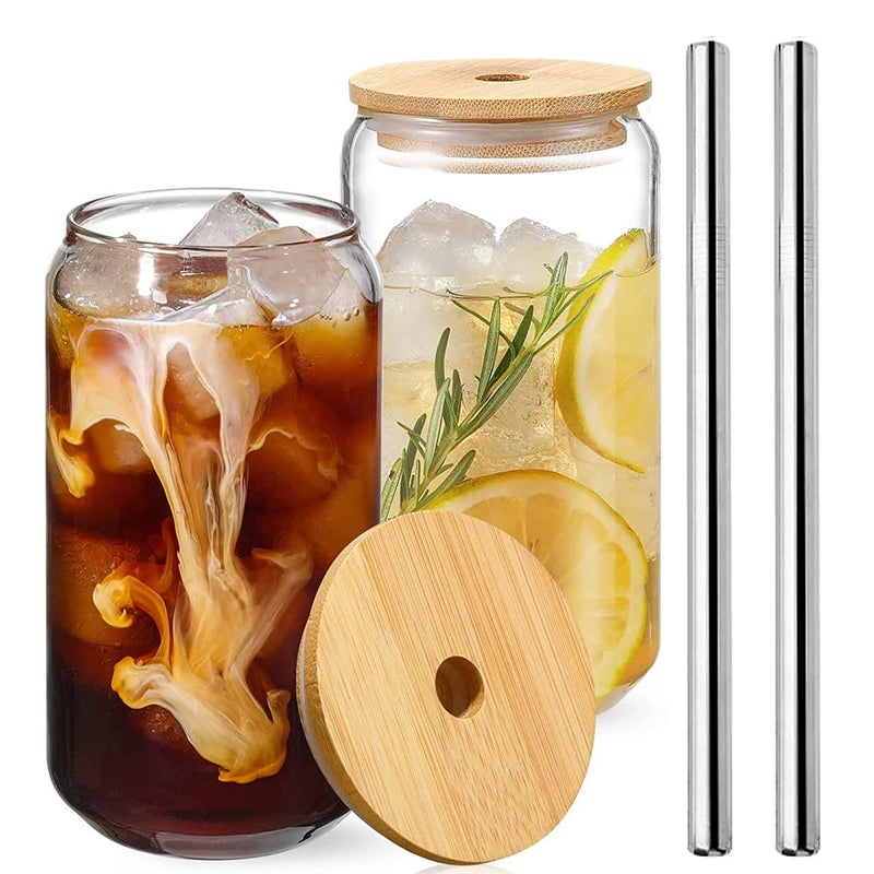 Jetcloud 2pcs Transparent Can Shaped Glass Cups with Bamboo Lids  Stainless Steel Straw 500ml Drinking Glasses Set for Cold Beverage Juice Coffee Cocktail Whiskey Beer