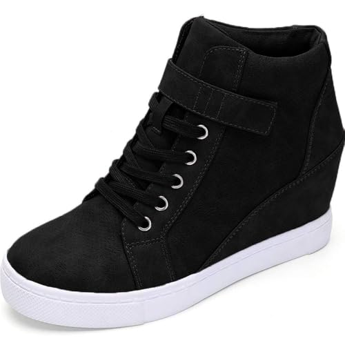 Athlefit Women's Lace Up Wedge Sneakers High Top Fashion Sneakers Ankle Booties Size 9.5 Black - Image 1