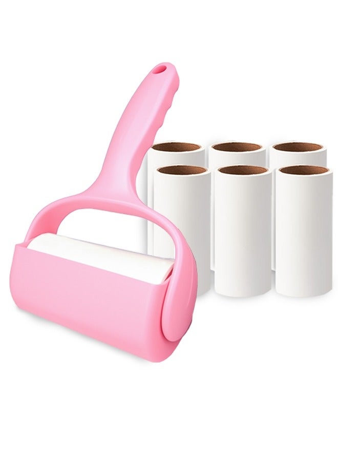 Pink Lint Roller with Dust Cover, 7 Refills 385 Sheets, 360° Rotating Pet Hair Remover for Clothes, Furniture, Carpets - 19x11cm, Easy Tear Design - Image 1