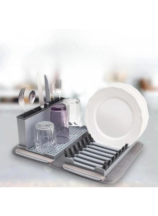 Durable Plastic Dish Drainer with Cutlery Holder and Super-Absorbent Microfiber Dish Drying Mat – Compact, Easy-to-Assemble, Shatter-Resistant Rack for Plates, Cups, Utensils, Spoons, Forks, Knives, High-Quality Plastic, Washable Microfiber Mat, Perfect for Home Kitchen - Image 3
