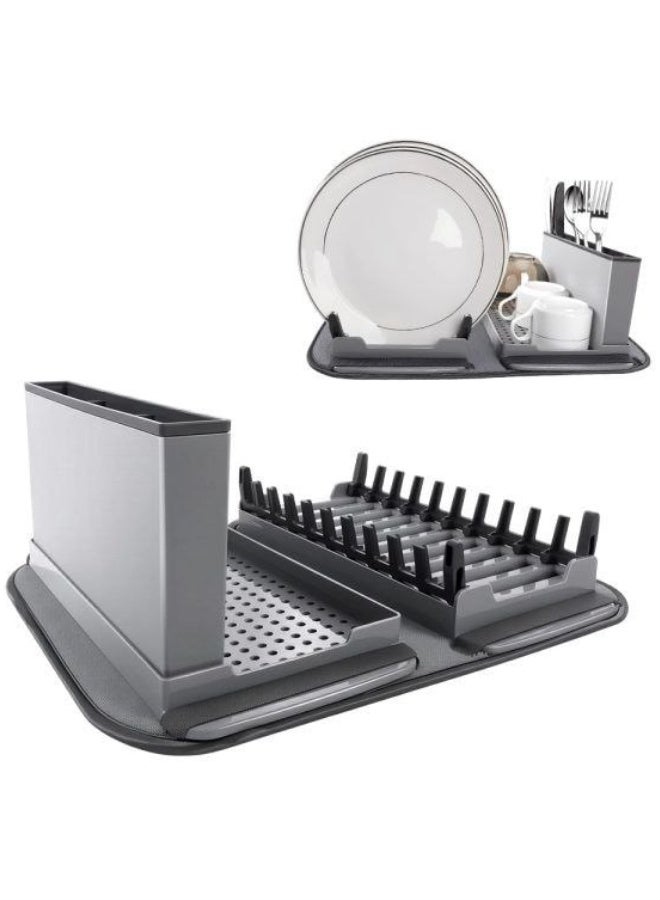 Durable Plastic Dish Drainer with Cutlery Holder and Super-Absorbent Microfiber Dish Drying Mat – Compact, Easy-to-Assemble, Shatter-Resistant Rack for Plates, Cups, Utensils, Spoons, Forks, Knives, High-Quality Plastic, Washable Microfiber Mat, Perfect for Home Kitchen - Image 1