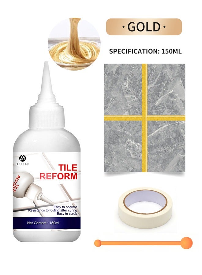 ASHILE 150ML Tiles Gap Filler Waterproof - Tile Grout Paint Filler Tube Grout Caulk Sealant Glue Sealer For Bathroom Shower Kitchen Ceramic Tile Repair Restore And Renew Tile Joints Line Gaps Replace Grout Pen - Golden/Masking Paper/Stitch Balls - Image 1