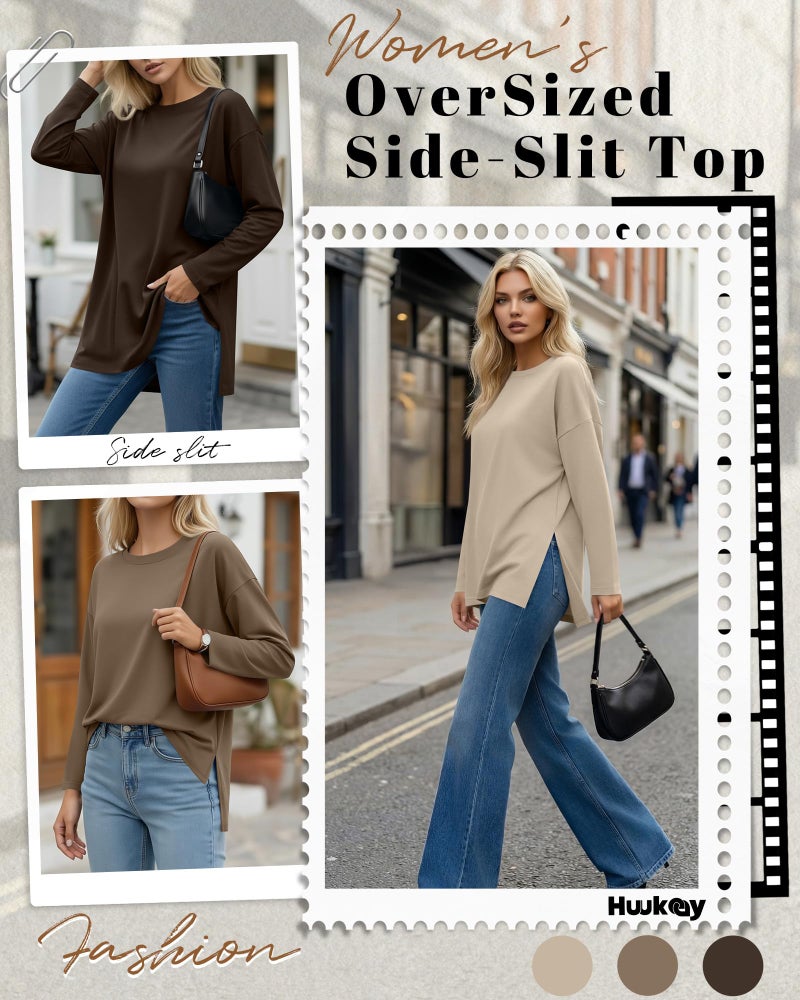 Huukeay 3 Pack Oversized Long Sleeve Shirts for Women Cotton Workout Side Split Gym Crewneck Tops Loose Basic Tee Winter(Dark Brown, Coffee, Gray Khaki,Large) - Image 3