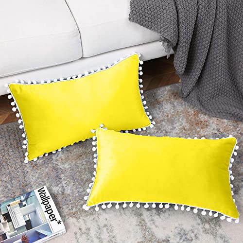 CottonFry Set of 2 Cushion Covers/Throw Pillow Covers Size 18"X27" Inches with Pom Poms, Soft Square Velvet Pillowcases Home Decor (LYellow, Pack of 2) - Image 3