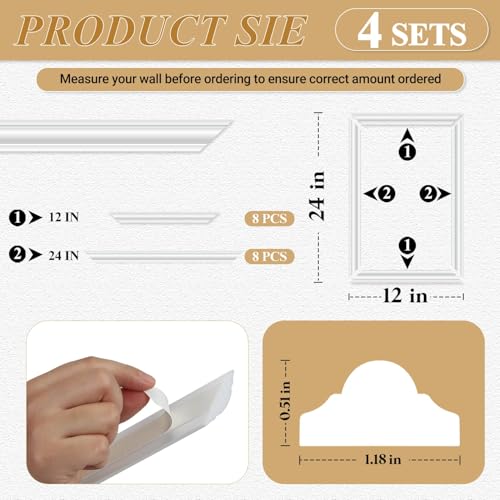JutboRstp 4 Set Peel and Stick Wall Molding Trim Kit, Premade Wainscoting Panels, White Pre Cut Wall Panels for Interior Wall Decor, DIY Home Decoration Picture Frame (12 x 24 Inch) - Image 2