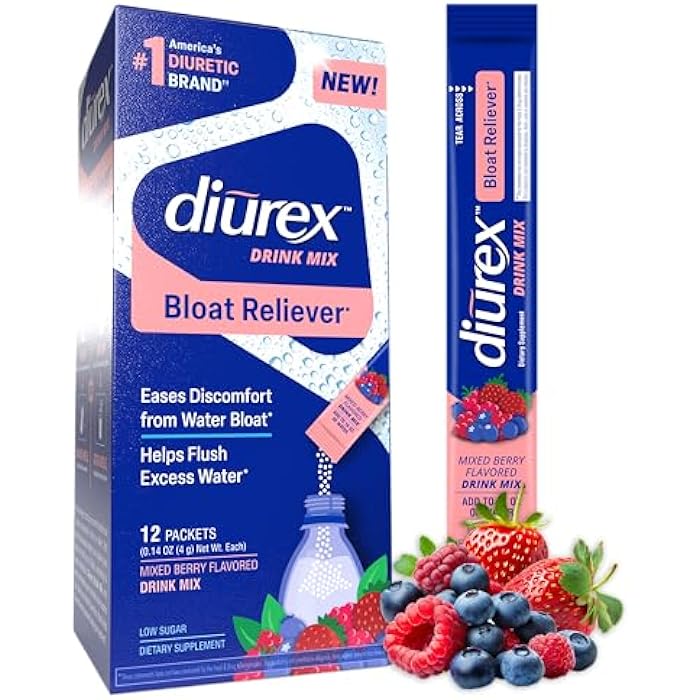 Diurex Drink Mix - Diuretic Supplement - Mixed Berry Flavor - Bloat Relief with Diurex Proprietary Bloat-Relieving Blend - Single Serve - 12 Pack - Image 1