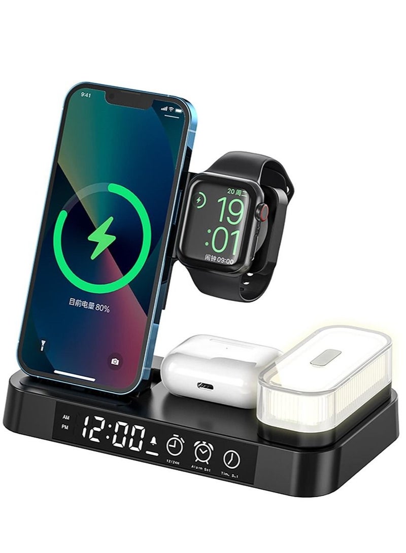 Captaintech Wireless Charger, 4 in 1 Wireless Charging Station with LED Night Light, Digital Clock, Alarm Clock, for Apple iPhone, for Samsung Galaxy, and All Qi-Enabled Devices (Black) - Image 1