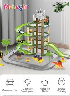 MEBEGIN 71PCS Track Series, Dinosaur Parking Lot Set with 2 Mini Cars, 3 Different Dinosaurs and 1 Helicopter, 4-tier Rail Track Toy Playset with Traffic Signs, DIY Tracks Toy, Ideal Gift for Kids Aged 3+  - Image 3