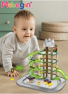 MEBEGIN 71PCS Track Series, Dinosaur Parking Lot Set with 2 Mini Cars, 3 Different Dinosaurs and 1 Helicopter, 4-tier Rail Track Toy Playset with Traffic Signs, DIY Tracks Toy, Ideal Gift for Kids Aged 3+  - Image 1