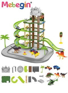 MEBEGIN 71PCS Track Series, Dinosaur Parking Lot Set with 2 Mini Cars, 3 Different Dinosaurs and 1 Helicopter, 4-tier Rail Track Toy Playset with Traffic Signs, DIY Tracks Toy, Ideal Gift for Kids Aged 3+  - Image 2