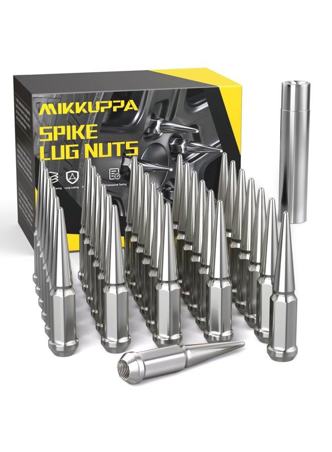 MIKKUPPA M14x2.0 Wheel Spike Lug Nuts, 32 PCS Chrome Spiked Lug Nuts 14mmx2.0 Solid 4.4" Tall Acorn Lug Nut with 1 Socket Key Replacement for Ford F-150 Expedition, Lincoln Navigator Mark LT - Image 1