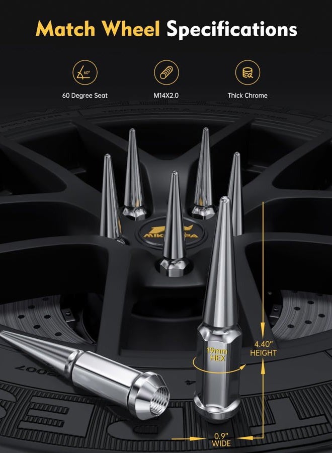 MIKKUPPA M14x2.0 Wheel Spike Lug Nuts, 32 PCS Chrome Spiked Lug Nuts 14mmx2.0 Solid 4.4" Tall Acorn Lug Nut with 1 Socket Key Replacement for Ford F-150 Expedition, Lincoln Navigator Mark LT - Image 2