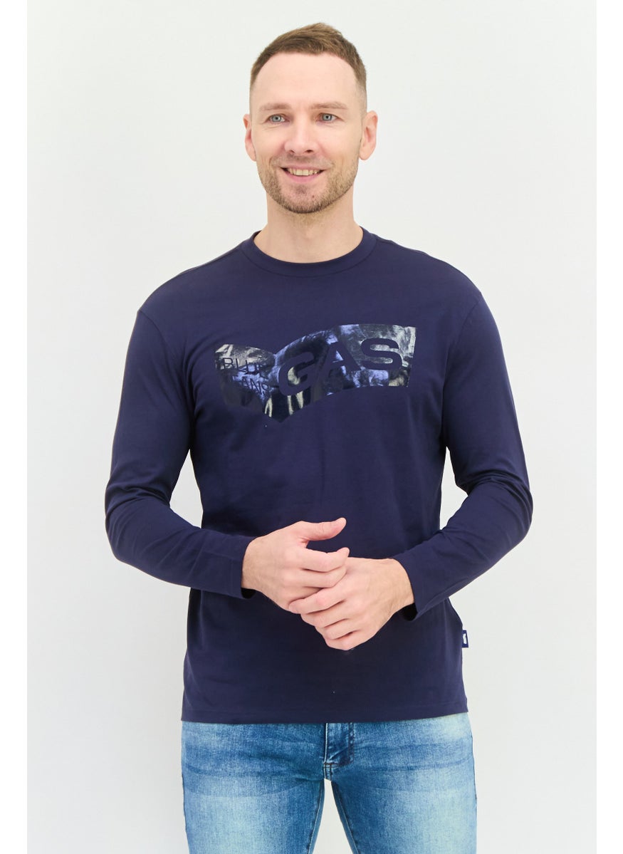 GAS Men Crew Neck Long Sleeves Graphic Print T-Shirt, Navy  - Image 1