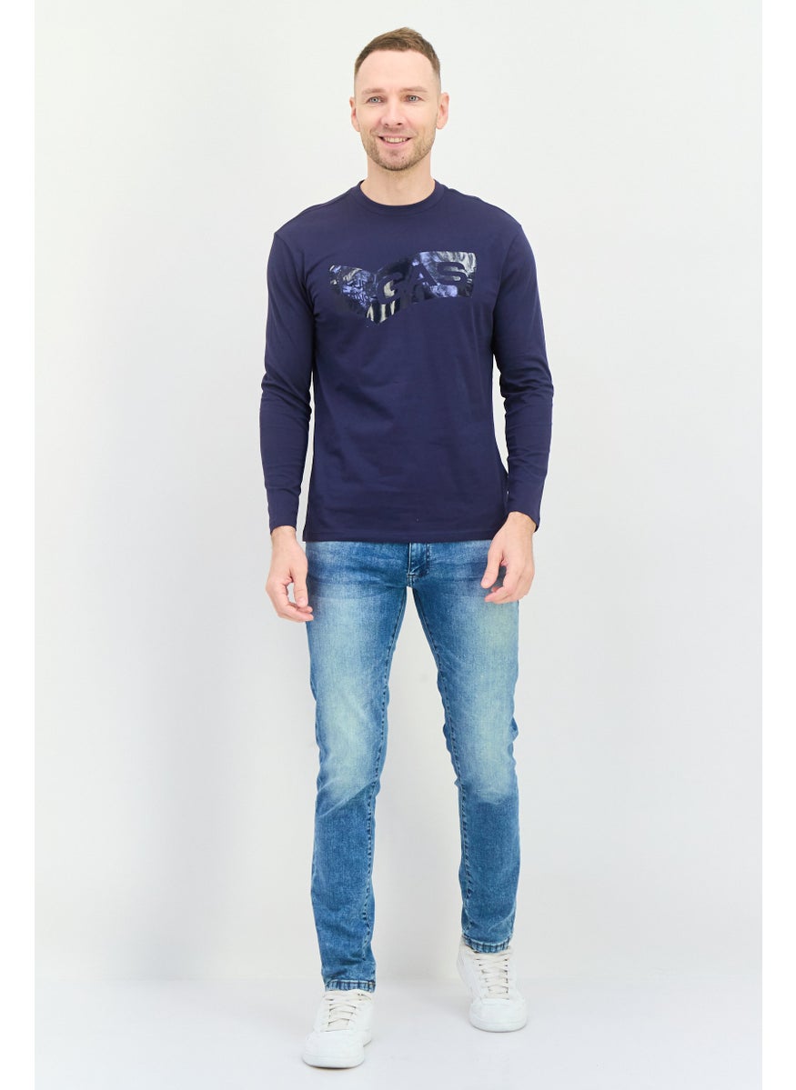 GAS Men Crew Neck Long Sleeves Graphic Print T-Shirt, Navy  - Image 4