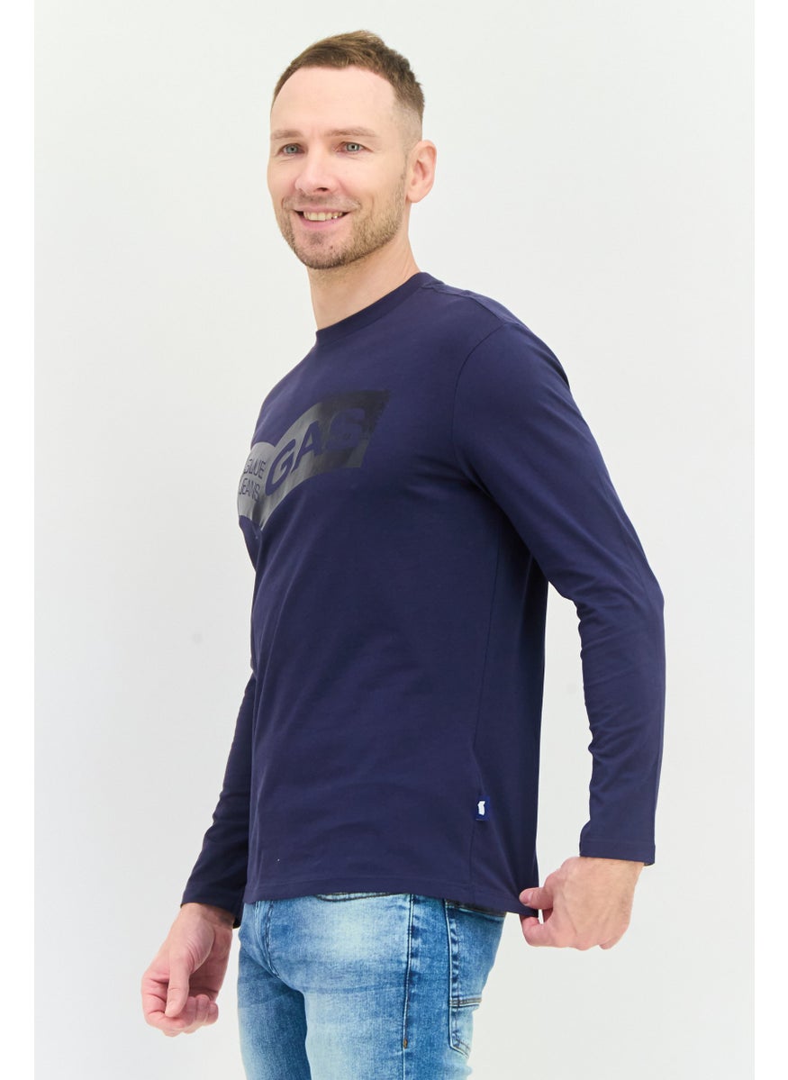 GAS Men Crew Neck Long Sleeves Graphic Print T-Shirt, Navy  - Image 3