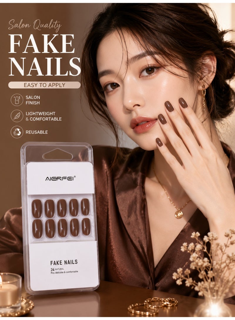 AIERFEI Premium Chocolate Brown Glossy Press On Nails – 24 Pcs Reusable Fake Nails Set for Women, Short Oval Full Cover Artificial Nails with Comfortable Fit for Daily Wear & Parties - Image 4