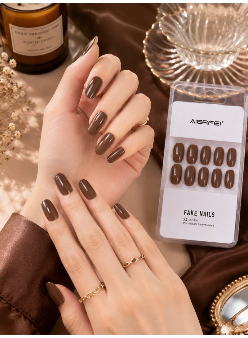 AIERFEI Premium Chocolate Brown Glossy Press On Nails – 24 Pcs Reusable Fake Nails Set for Women, Short Oval Full Cover Artificial Nails with Comfortable Fit for Daily Wear & Parties - Image 1