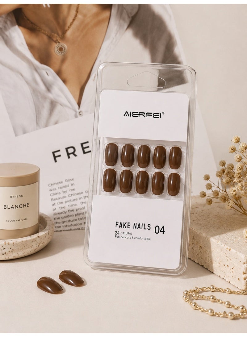 AIERFEI Premium Chocolate Brown Glossy Press On Nails – 24 Pcs Reusable Fake Nails Set for Women, Short Oval Full Cover Artificial Nails with Comfortable Fit for Daily Wear & Parties - Image 2