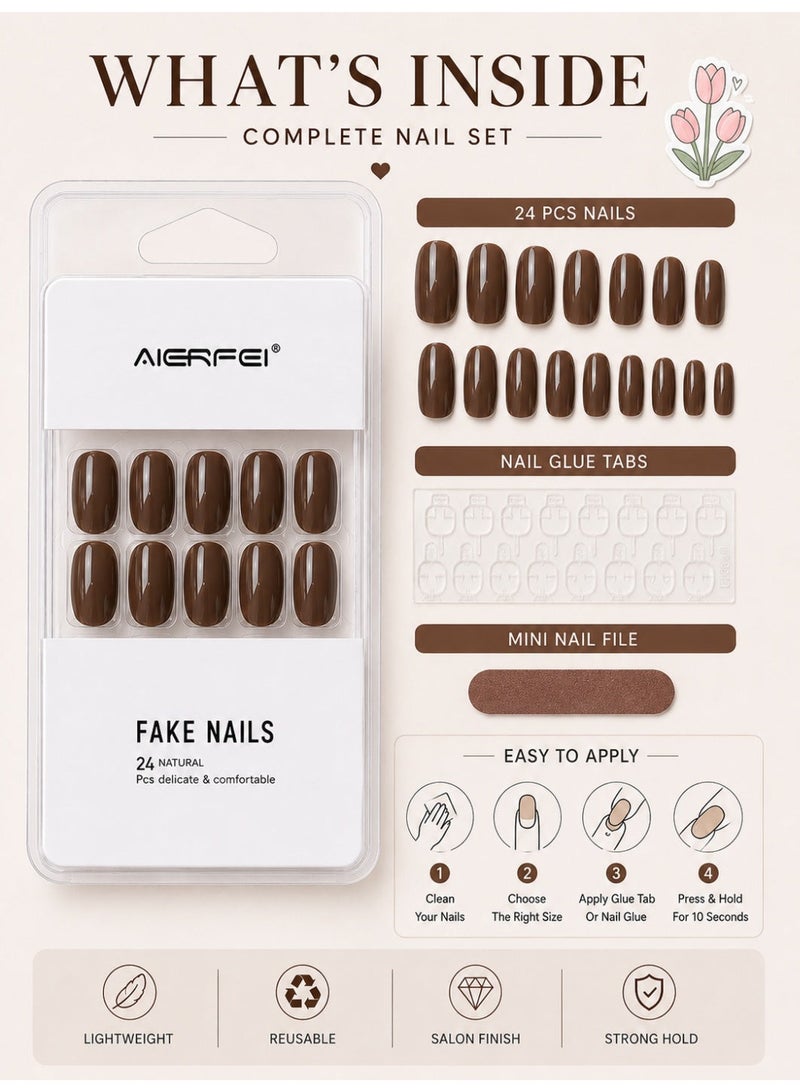 AIERFEI Premium Chocolate Brown Glossy Press On Nails – 24 Pcs Reusable Fake Nails Set for Women, Short Oval Full Cover Artificial Nails with Comfortable Fit for Daily Wear & Parties - Image 3