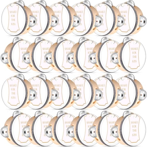Lukmaa 24 Set 4 Inch Tambourine for Adults Wooden Hand Held Drum with Metal Jingles, Gift Tags, White I Love You Printed Ribbon Percussion Gift Musical Instrument for Church Wedding Party Favor - Image 1