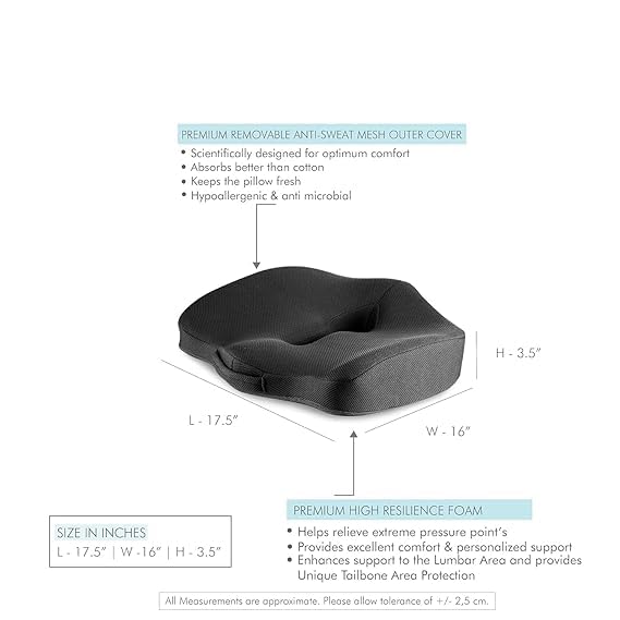Vocal Enterprise Memory Foam Seat Cushion Black Ergonomic Design for Office Chair Coccyx Support - Image 3