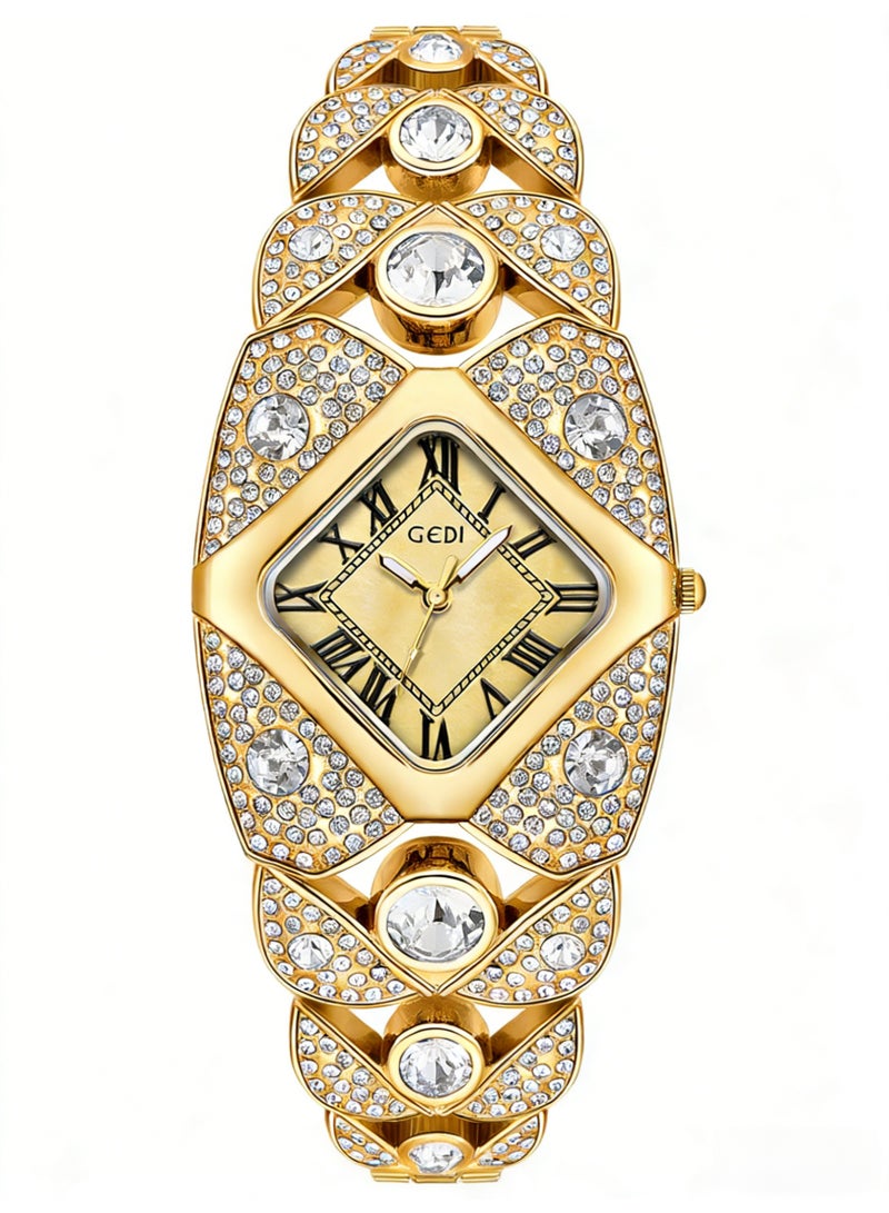 جدي GEDI Luxury Gold Crystal Watch for Women | Gold-Tone Stainless Steel Bracelet, Gold Dial, Roman Numerals | Perfect Gift for Birthday, Anniversary & Special Occasions in Saudi Arabia - Image 1