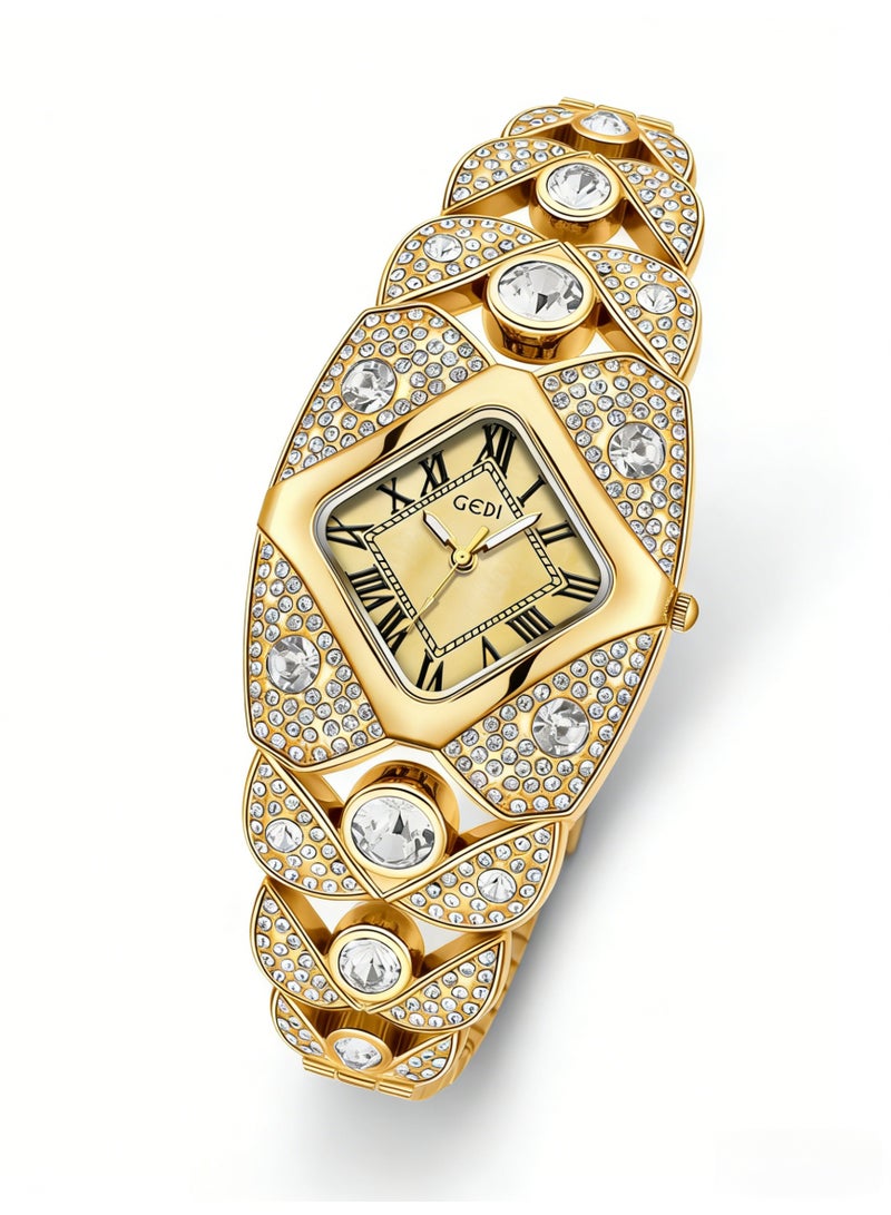 جدي GEDI Luxury Gold Crystal Watch for Women | Gold-Tone Stainless Steel Bracelet, Gold Dial, Roman Numerals | Perfect Gift for Birthday, Anniversary & Special Occasions in Saudi Arabia - Image 3