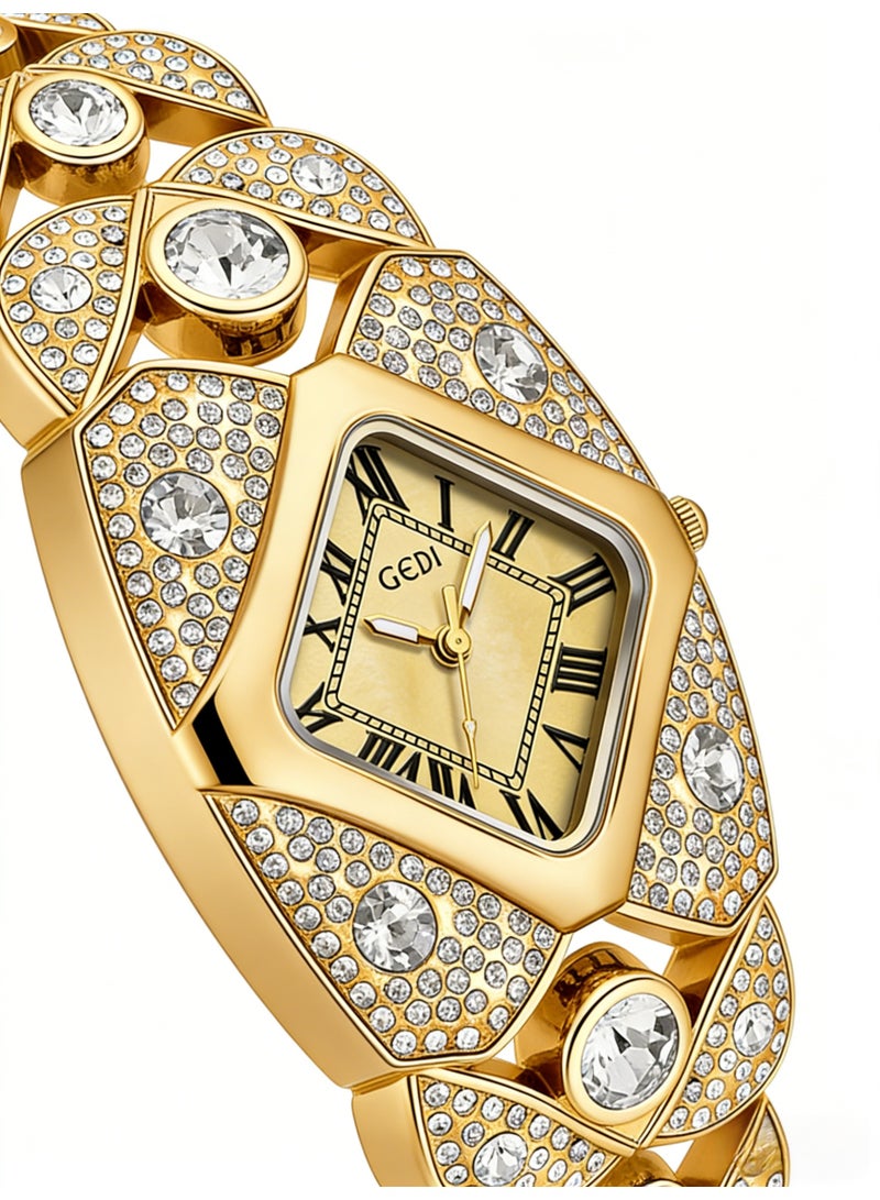 جدي GEDI Luxury Gold Crystal Watch for Women | Gold-Tone Stainless Steel Bracelet, Gold Dial, Roman Numerals | Perfect Gift for Birthday, Anniversary & Special Occasions in Saudi Arabia - Image 2