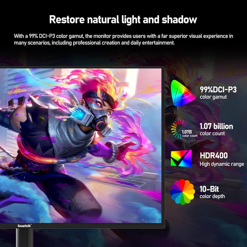 Gawfolk شاشة ألعاب Gawfolk QD OLED مقاس 27 بوصة 2K 360 هرتز QHD (2560 × 1440) 0.03 مللي ثانية (GTG) PIP PBP 99% DCI-P3 HDR400 نسبة تباين 1.5 مليون:1 FreeSync قابلة لتعديل الإمالة والارتفاع والدوران - Image 4