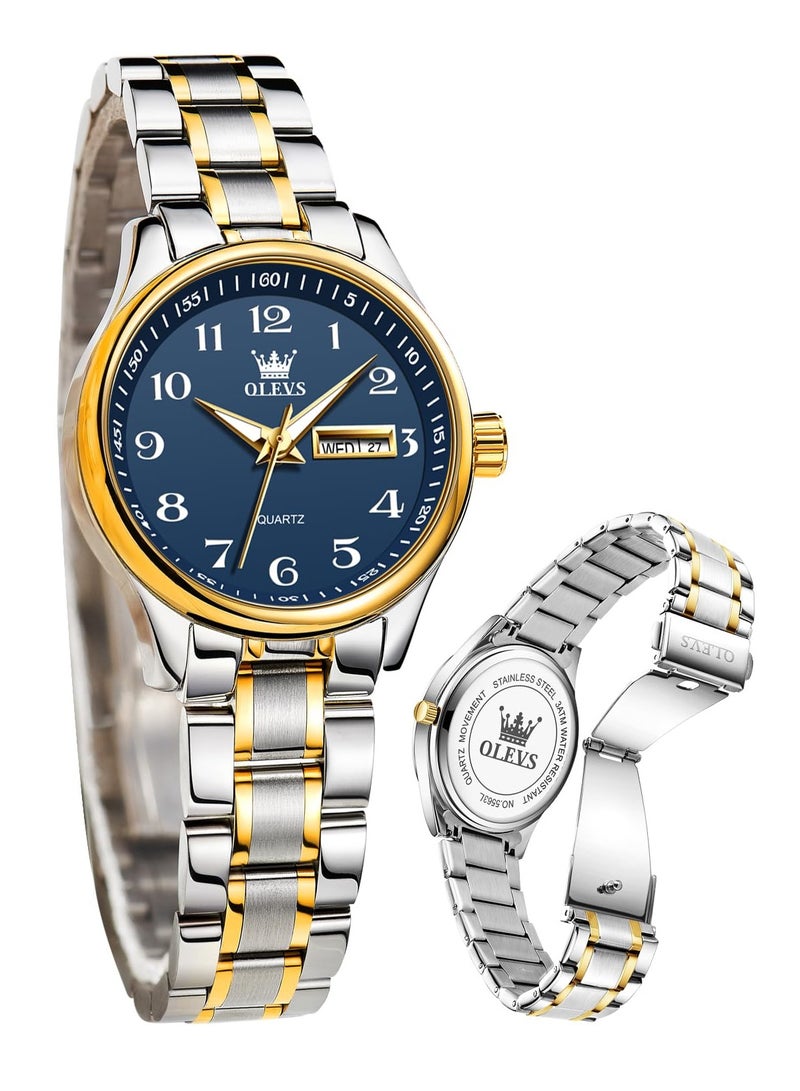 أوليفز ساعة OLEVS للسيدات من الفولاذ المقاوم للصدأ مقاومة للماء، عرض تناظري كبير وسهل قراءة التاريخ للسيدات - Image 2